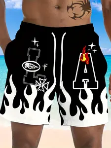 Large-sized men's casual sports shorts - made of polyester, with slight elasticity, regular fit, 160g weight knitted fabric, equipped with a waistband and pockets, featuring random pattern prints (flame pattern/L letters/star pattern) - summer beach wear,
