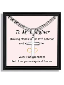 1 piece silver cross pendant Cuban link necklace for Valentine's Day birthday Christmas gift for daughter with blessing card and box