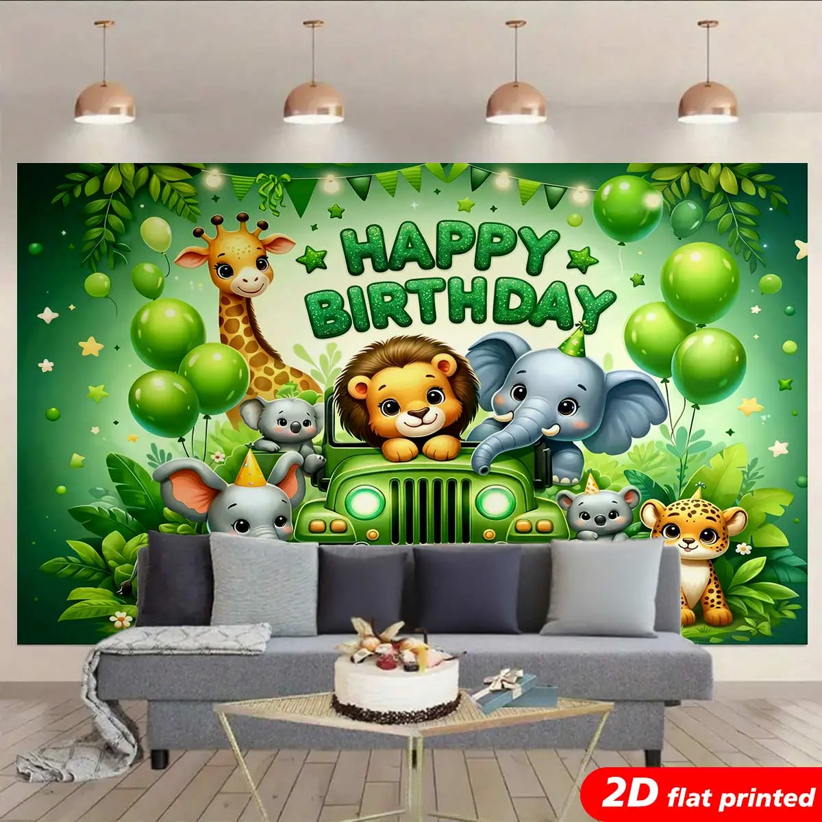 2D Flat Printed Jungle Animal Happy Birthday Tapestry Wall Hanging - Tropical Safari Lion Giraffe Elephant Design, Photo Backdrop with Colored Balloon Tapestries, Kids’ Room Aesthetic Home Decor Gift