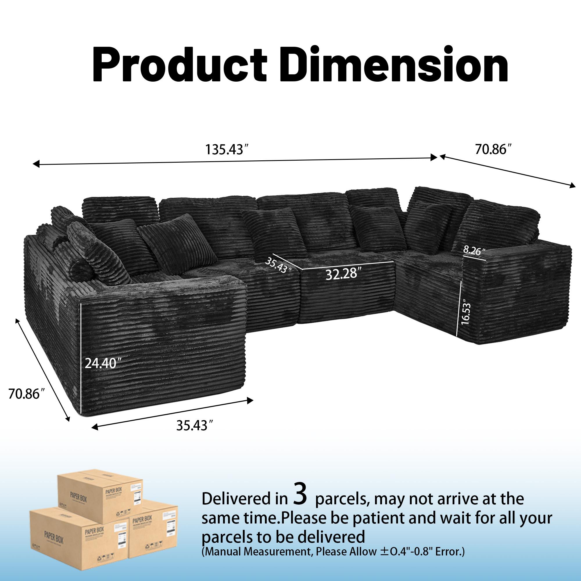 Niccae 135.5-Inch Modular U-Shaped Corduroy Couch - 6-Seater Recliner with Reversible, Freely Configurable Design, Gray Striped Fabric, 3-Pack Shipped Modular Upholstered Living Room Sofa