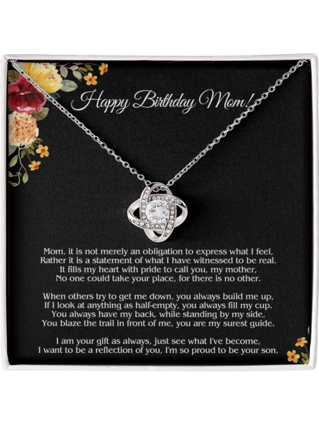 Happy Birthday Mom Necklace Love Knot Necklace with Message Card and Gift Box Birthday Gifts for Mom, Thank You Mom Jewelry