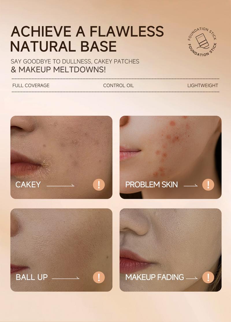 QIANWHITE Luminous Dual-Ended Concealer Foundation Stick – Built-in Brushes, Complimentary Puff, 24H Long-Lasting Waterproof Sweatproof, One-Swipe Even Flawless Base