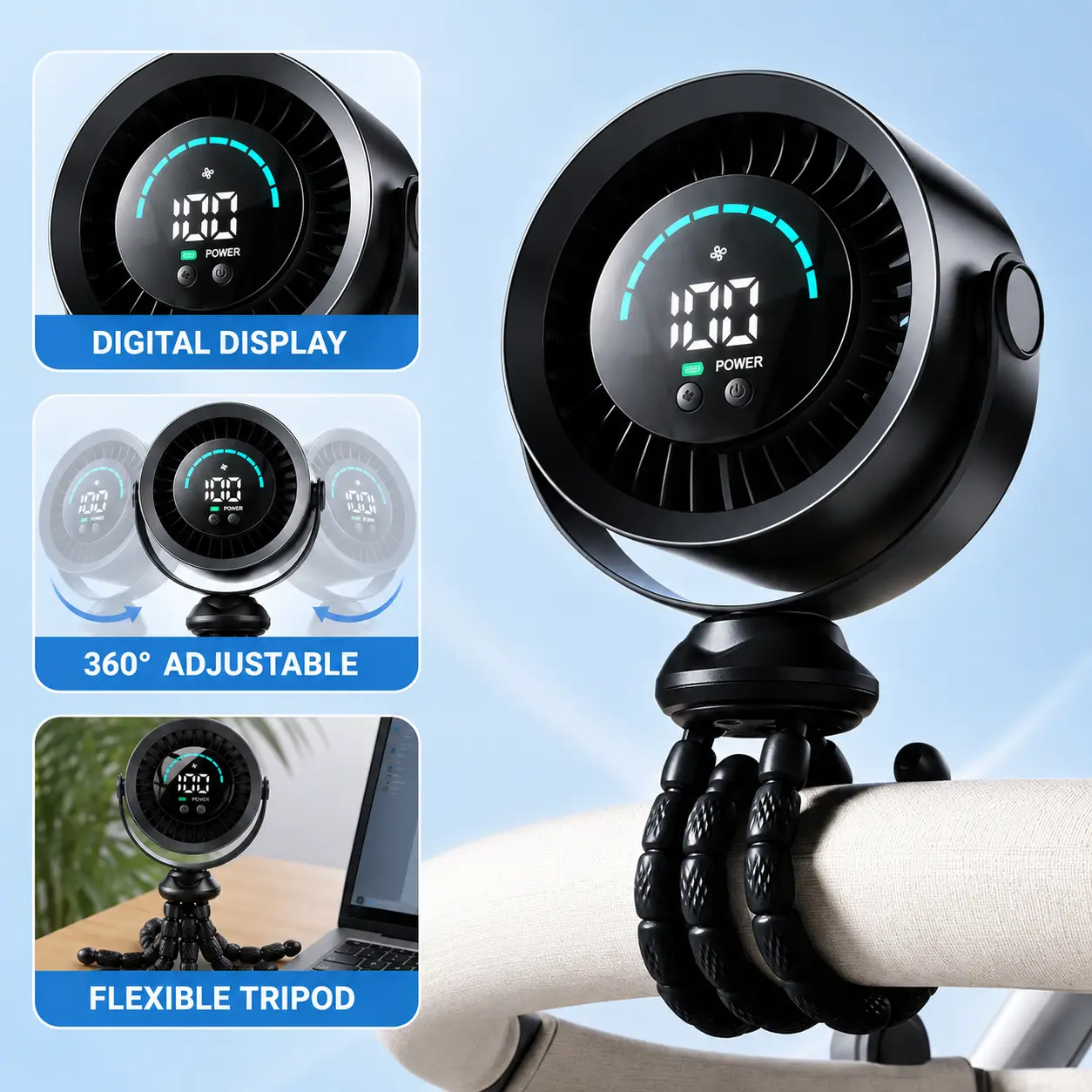 Qawtor 2026 Upgraded Portable Fan with LED Display, Flexible Tripod, 360° Adjustable USB Rechargeable Clip Design for Desk, Travel, Car Use Office Fan Multifunctional Cooling Fan