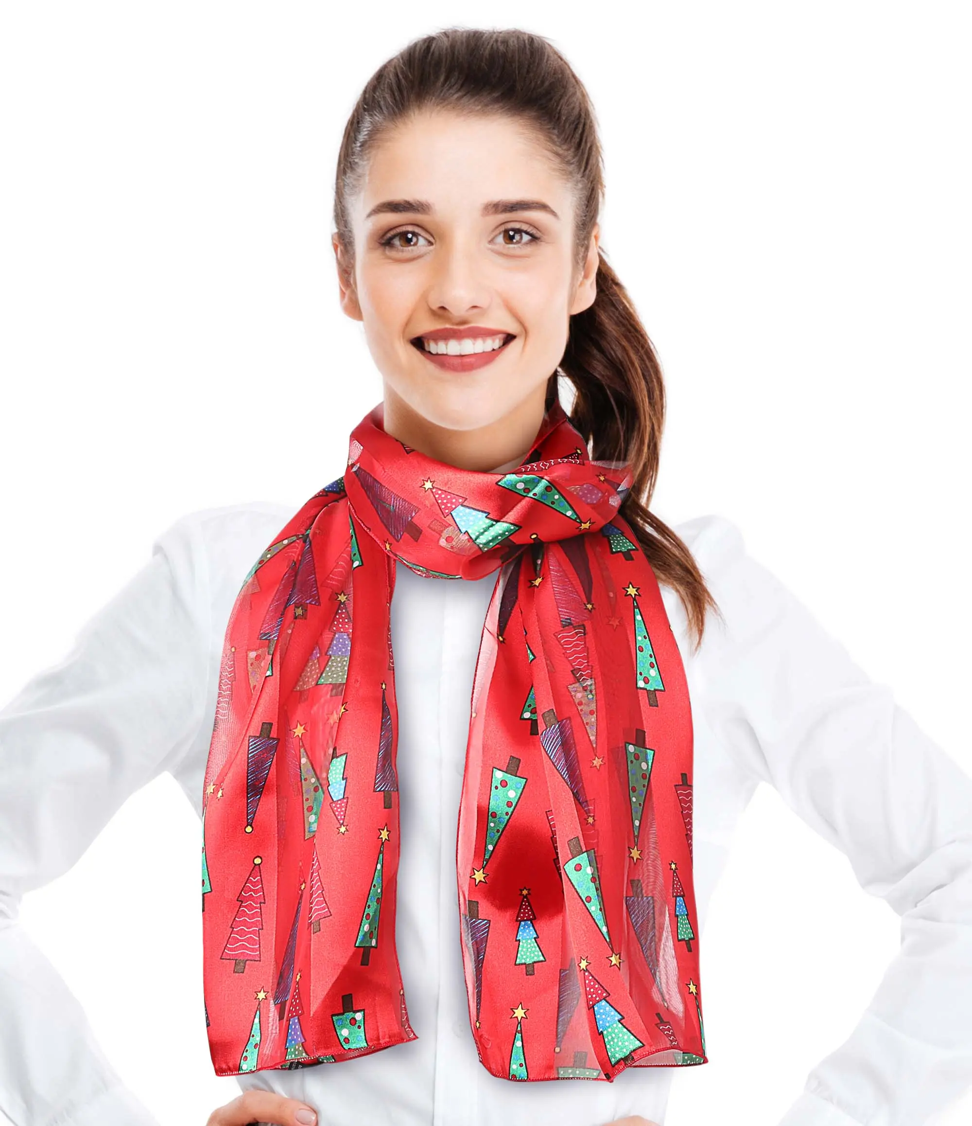CBC Crown Women's Red Christmas Tree Print Scarf, Soft Silk-Feeling Polyester, Lightweight Festive Holiday Accessory, Vibrant, Basic Style, Hand Wash Friendly