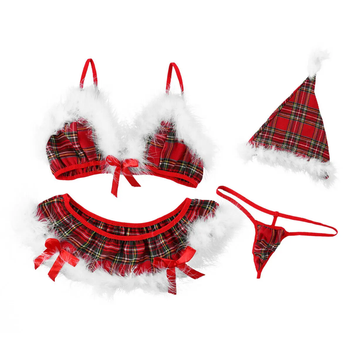 Women's Chic Fashion Christmas Lingerie Outfits - 3-Piece Bra Set with Short Skirt, G-String, Babydoll Nightwear & Hat (Holiday Costumes), Crop, Lady, Polyester, Sheer, Comfortable