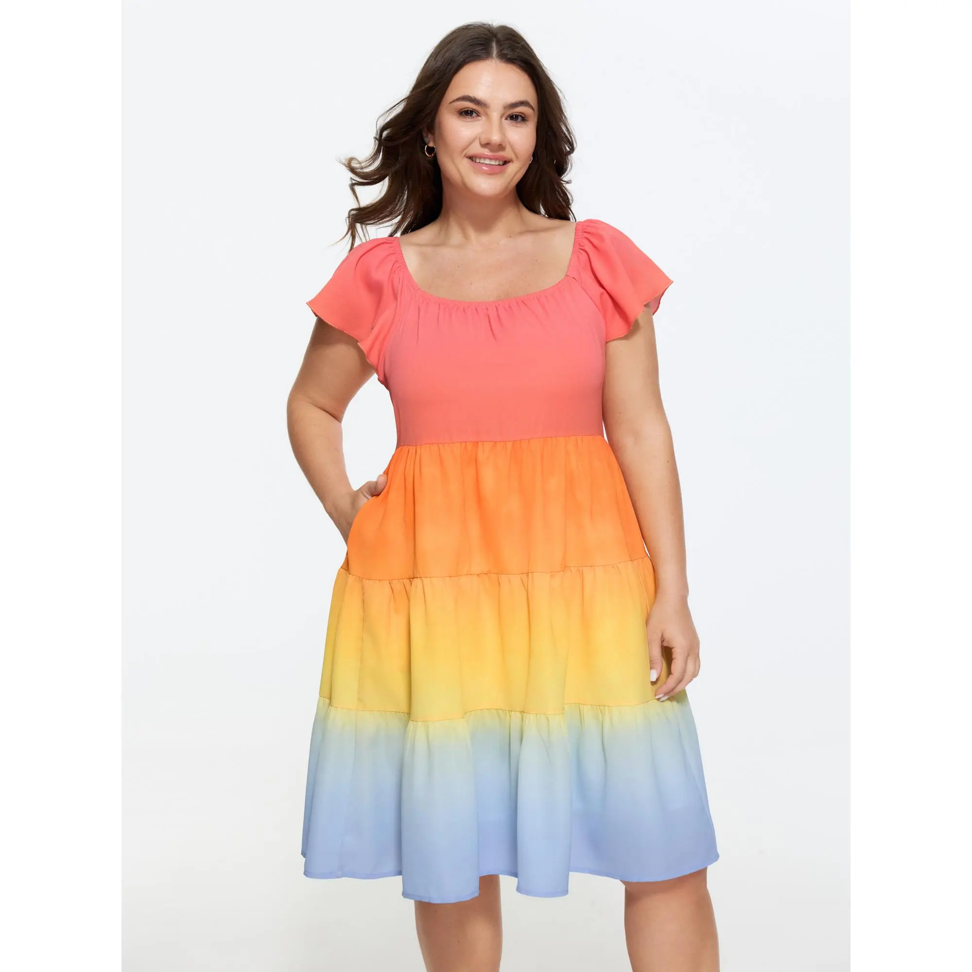BloomChic Women's Plus Size Casual Playful Ombre Polyester Tiered Midi Dress with Flutter Sleeves and Pockets, Lady, Fabric, Multicolor, Cap Sleeve, Playful Vibe, Knee Length, Polyester Shell, Casual Wear, Plus Size Casual Dresses