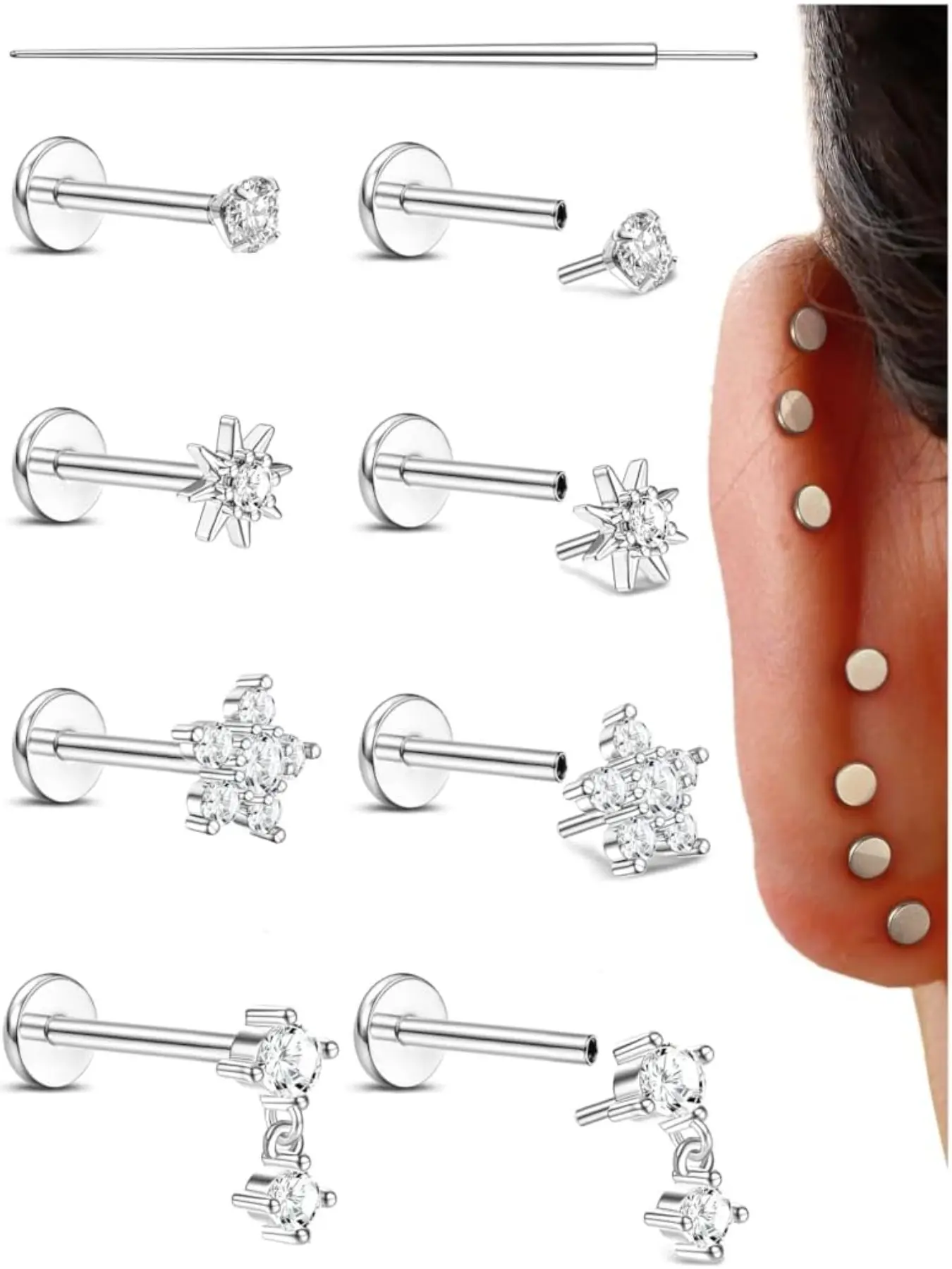 Helix Piercings Threadless Flat Back Earrings Studs 316L Surgical Steel Push in Nose Studs Rings CZ Tragus Cartilage Conch Labret Earring Hypoallergenic Lip Nostril Medusa Piercing Jewelry 20G 18G 16G Nose Piercings Kit
