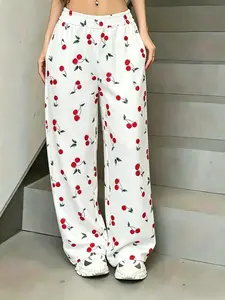 Women's Cherry Print Wide Leg Pants, High Waist Elastic Waist Loose Fit Casual Long Pants, Summer Pockets Home Wear, All Season Fashion