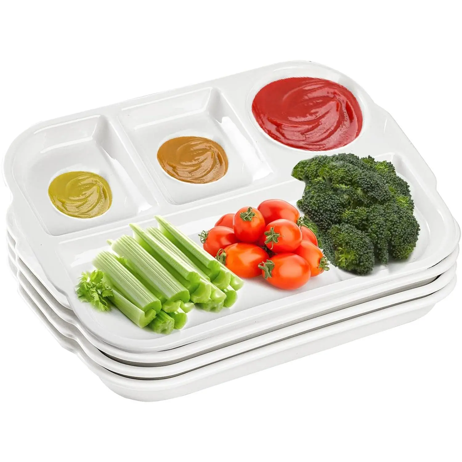 4 Pack Divided Dinner Trays, Ceramic Serving Platter Dinner Plates with 4 Compartments Partition Fast Food Lunch Tray for Portion Control, Fondue Plates with Vinegar Sauce Dish