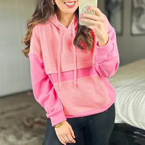 Pink Textured Color Block Kangaroo Pocket Drop Shoulder Hoodie