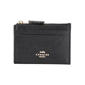 COACH Skinny 11 Logo Leather ID Card Key Holder Mini Purse for Women, Black