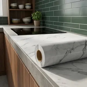 Glossy Marble Paper Granite Gray/White Wallpaper Peel and Stick 11.8"x78.7" Waterproof Self Adhesive Removable for Kitchen Countertop Furniture Viny Film