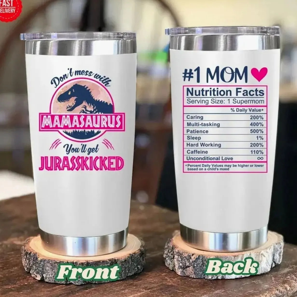 Mamasaurus Funny Tumbler 20oz for Mom, Mother’s Day Gift, Mom Nutrition Facts Cup, Stainless Steel Mug