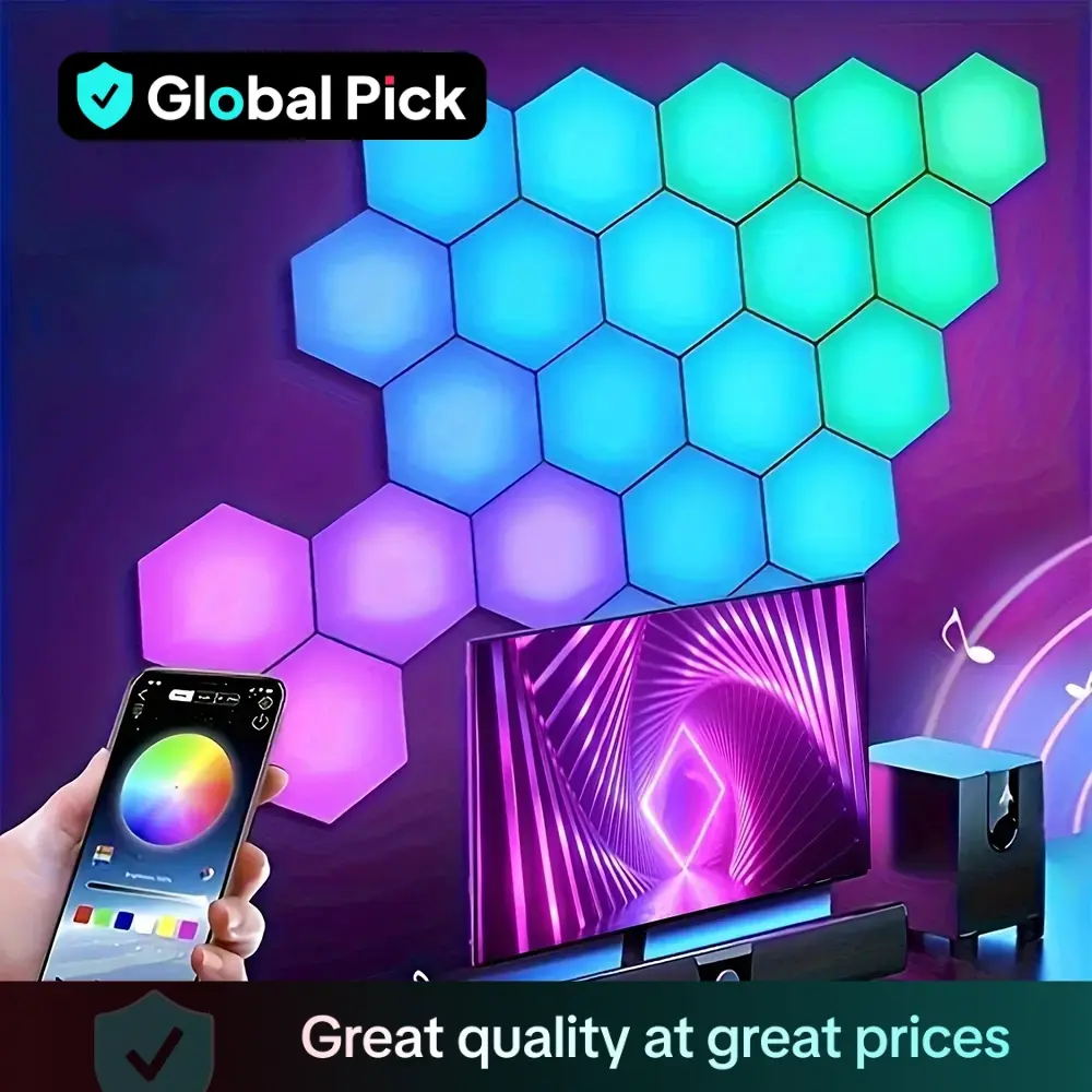 Smart LED Hexagonal RGB Color Changing Indoor Wall Light, USB Powered Voice/APP/Remote Control Dimmable Music Synchronized Night Light for Game Room,