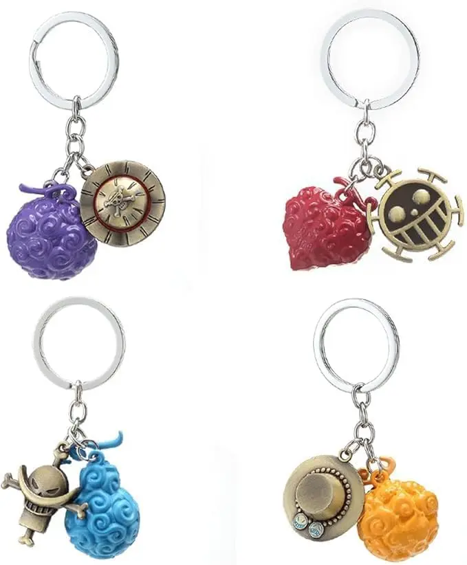 Devil Fruit Keychain 4pcs Set,Anime One Luffy Piece Trafalgar Law Ace Zoro Zinc Alloy Keyrings Pendants Gift Set (01 4pcs Devil fruit)