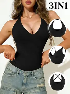 Women's Halter Neck Deep V Tummy Control Crisscross Halter Shapewear Tank Top Sexy Removable Straps Slim Fit For Dailywear All Seasons