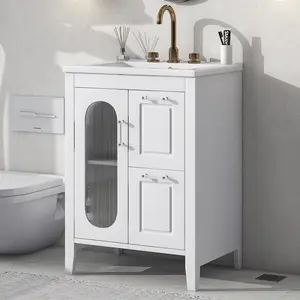 24" Bathroom Vanity with Sink, Bathroom Vanity Cabinet with Two Drawers and Door, Adjustable Shelf, Solid Wood and MDF, White (Old Sku:N725P245273K)