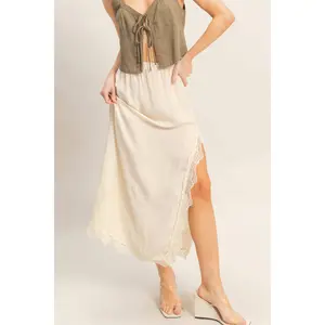 Skirt With Front Slit And Lace Hem