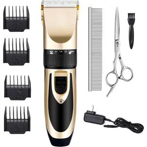 Dog Grooming Kit Clippers, Low Noise, Electric Quiet, Rechargeable, Cordless, Pet Hair Thick Coats Clippers Trimmers Set, Suitable for Dogs, Cats, and Other Pets (Gold)