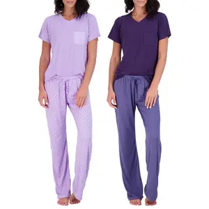 Real Essentials 2 Pack: Women's Pajama Set - Choose from Short Sleeve with Pocket or Long Sleeve without Pocket