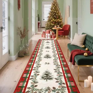 Christmas Decoration Hallway Area Rug, Boho Runner Rug, Christmas Tree Pattern with Plaid Floral Design, High-End Living Room Bedroom Carpet, Mat