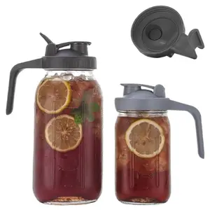 Transparent Lead-Free Glass Mason Jar Water Pitcher Jugs Set of 2 (64oz & 32oz 2 Sizes) with Handle, Lid, Measuring Scale, Coffee Filter - Stylish Home Kitchen Serving Container