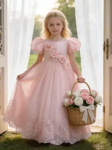 Girls' elegant puff sleeve dress with embroidered floral design suitable for dance piano anniversary or other occasions Floral Embroidery Dress