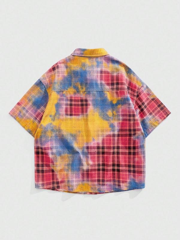 Men Plaid Short Sleeve Denim Shirt with Rhinestone Detail for Casual Street Wear funny graphic tee funny shirts for men funny shirts 90s graphic tees men sweatsuit set 67 shirt cute boyfriend gifts fall clothes dad christmas gift clearance