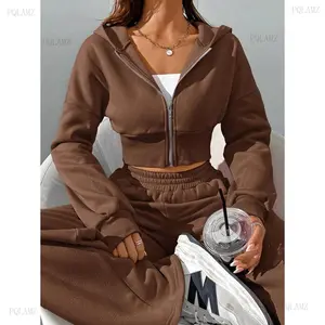 2026Women's Spring Fashionable Pink Zip Front Hooded Sweatshirt And Pants Two Pieces Set