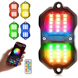 4 Pods RGB LED Rock Lights, & Remote Control Multi Color-Changing Wheel Well Lights w/ Mode,  & Voice Sync Underglow for  UTV  Boat , 1 Year Warranty