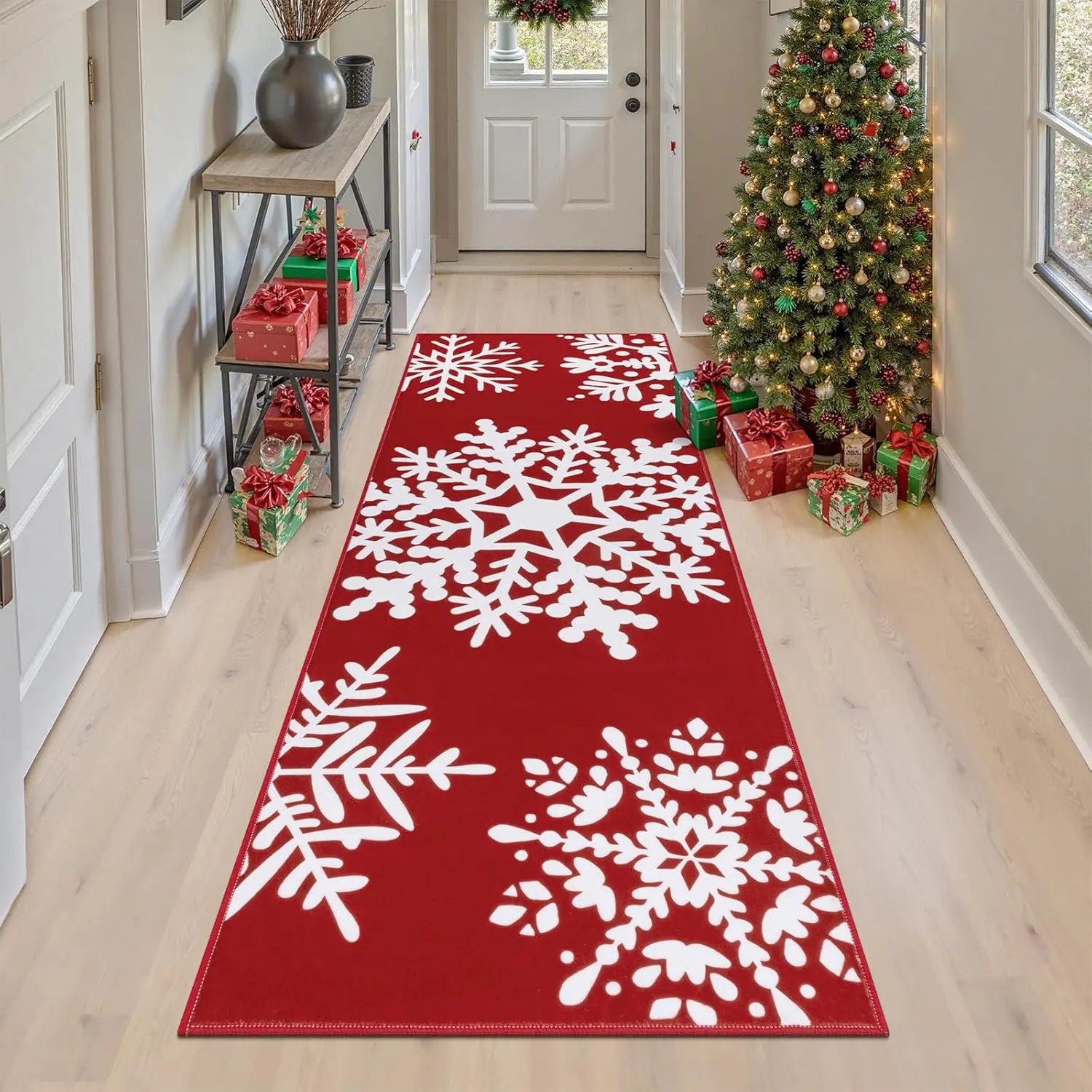Christmas Hallway Runner Rug 2'x6', Non Slip Red Runners for Hallways, Farmhouse Laundry Room Rug Washable Entryway Rug Floor Carpet Runner for Winter Xmas Holiday Decorations