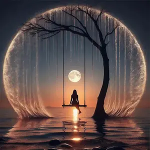 1PCS Moonlit Serenity Diamond Painting Kit for Adults with Full Drill Round Rhinestones Ocean Tree Swing