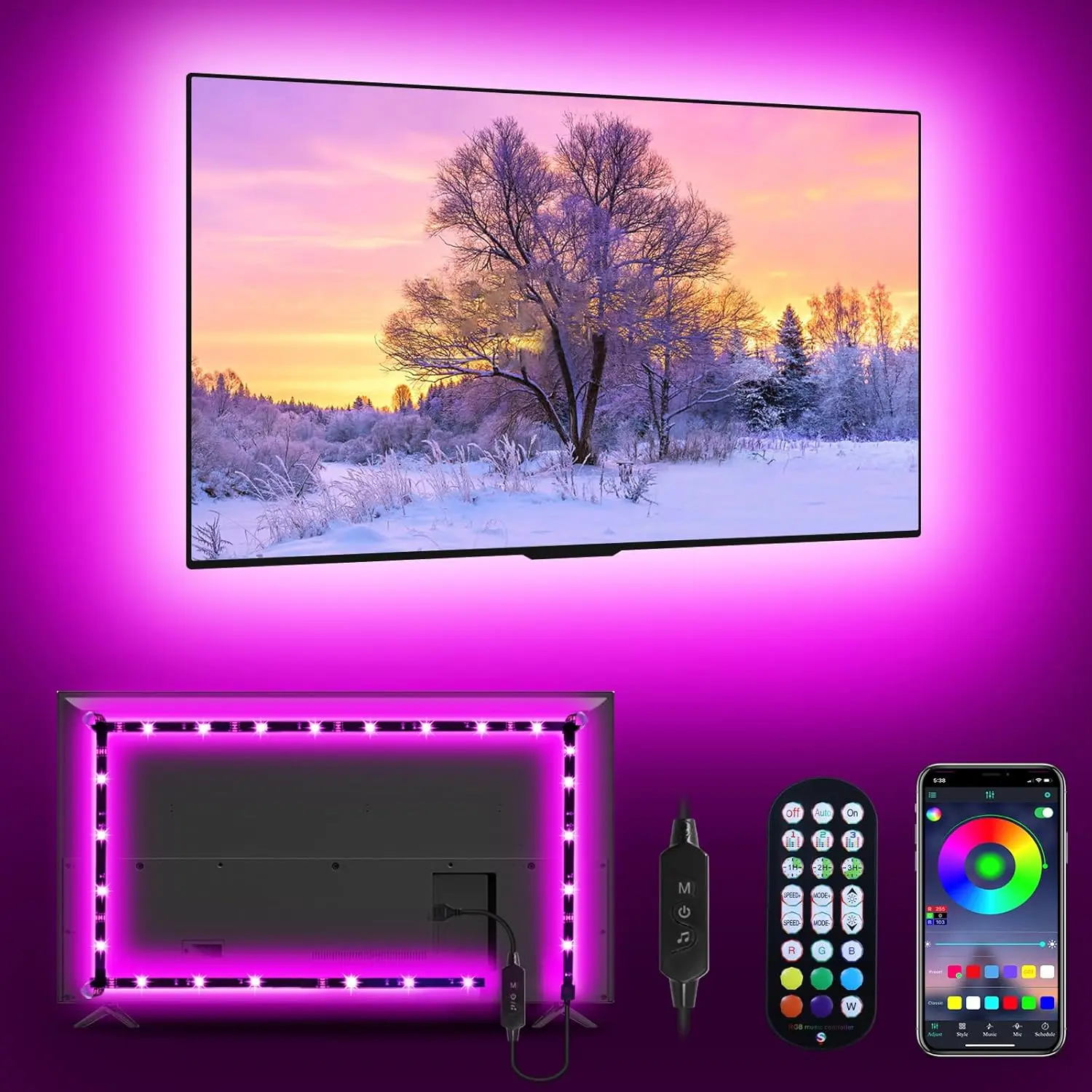 RGB LED Backlit Strip Kit, 13.1ft USB-Powered for 45-60in TVs, Remote + App Control, Timer Function, Decoration for Living Room, Kitchen, Party Use