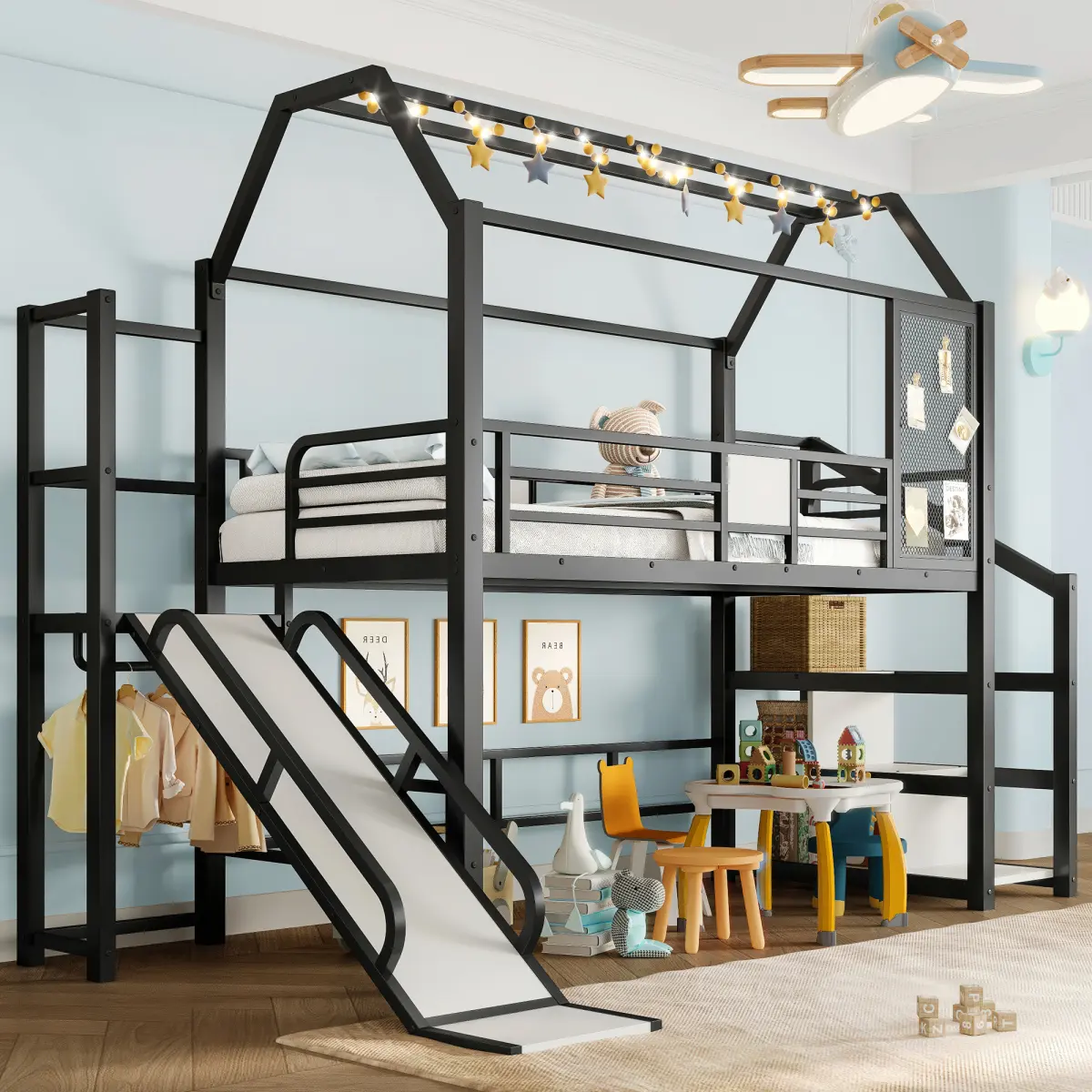 Twin Metal-MDF Loft Bed with Slide & Stairs, House-Shaped Silent Noise-Free Design, Smart Storage Shelves, 112.6"Lx41.73"Wx78.94"H, 139.12 lbs, 500 lbs Weight Capacity, Black, Assembly Required, Loft Beds
