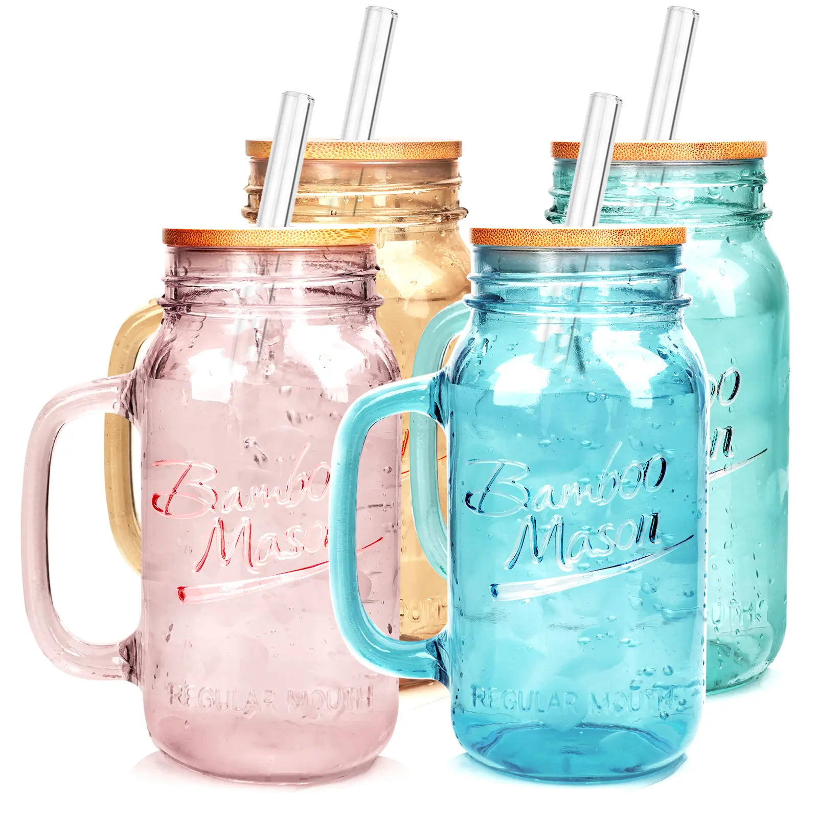 Stylish Mason Jar Drinking Set with Handle - 4 Vibrant Glass Mugs with Lids and Straws, Ideal for Iced Coffee, Refreshing Beverages, Fall Use, Glass Mug With Lid And Straw Glasses