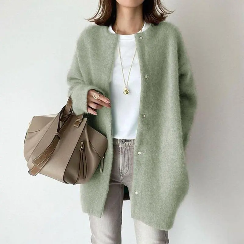 Women's Casual Solid Cotton Cardigan, Loose Fit Round Neck Single-Breasted Knit Jacket for Autumn and Winter, Tops, Brown, Korean, Style