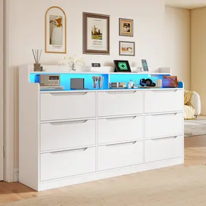 Raybee 9 Drawer Dresser for Bedroom with LED Light,Wood Chests of Drawers with Charging Station, Handleless in Modern Style