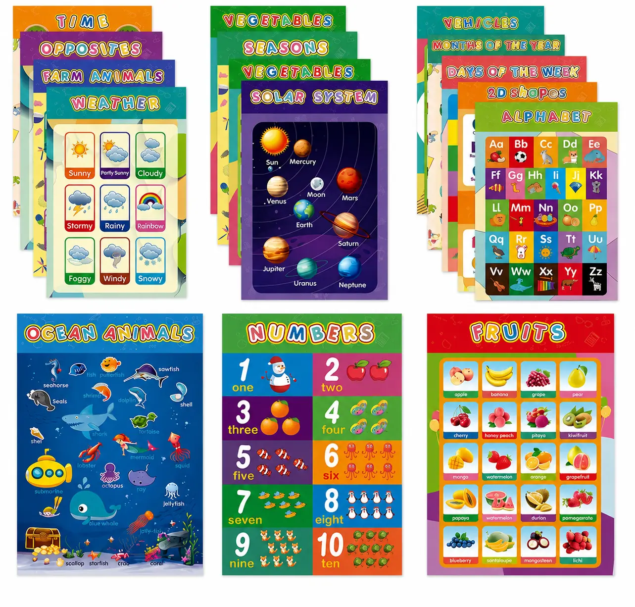 16 Pcs Laminated Learning Charts - Alphabet Wall Chart, Numbers, 2D-3D Shapes, Colors, Weather, Seasons, Solar System, Farm Animals, Days of the Week - Preschool Educational Supplies, Homeschool Supplies for Classroom