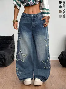 Women's All-Season Streetwear Casual Rapper Vintage Y2k Athleisure Grunge Star Pattern Washed Baggy Jeans Casual Denim Trousers