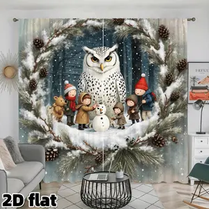 2D Flat 2Pcs Winter Snow Owl Printed Curtains Pine Cone Wreath Design Semi Sunshade Rod Pocket Panel Holiday Theme Living Room Bedroom Christmas Decor Thermal Insulated Window Treatment Privacy Protection