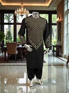 Small Black Afghan Kameez with Gold & Black Embroidery | Premium Traditional Men’s Outfit
