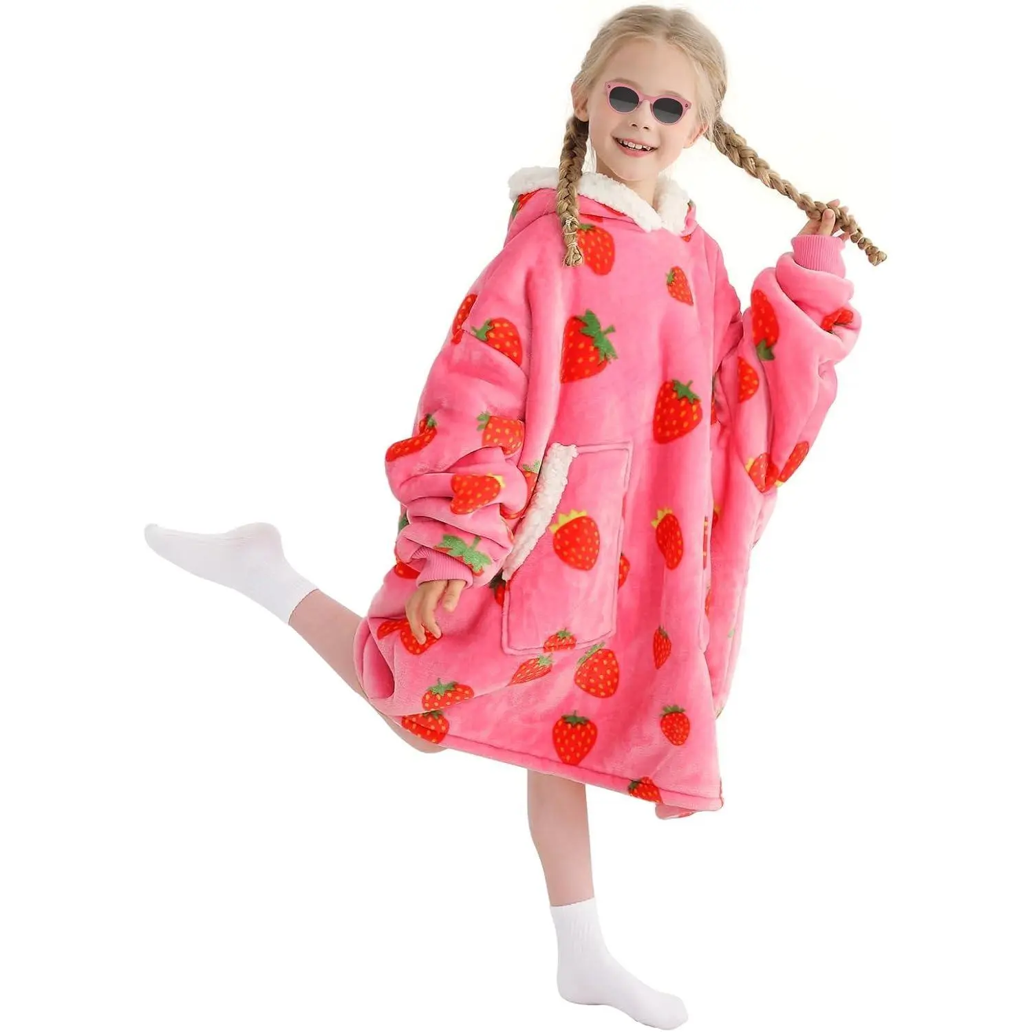 Kids' Cute Strawberry Print Oversized Wearable Hoodie Blanket - 100% Polyester Soft Sherpa Fleece, Pockets, Warm Loungewear for Back to School, Traveling, Everyday Use (Girls & Boys Gift)