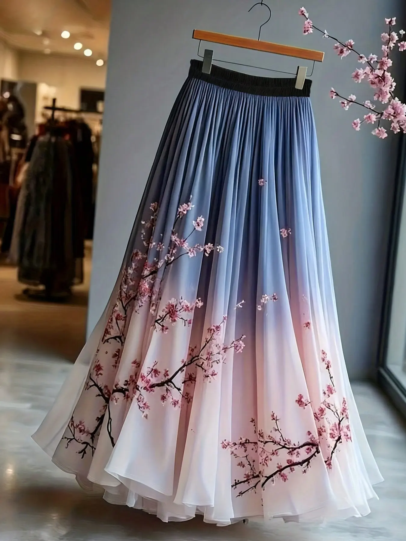 Trendy French Plant Floral Gradient Long Loose Dress with Tiered Net Skirt – Chic Brunch Wear for Women, Summer Autumn Printed Fashion