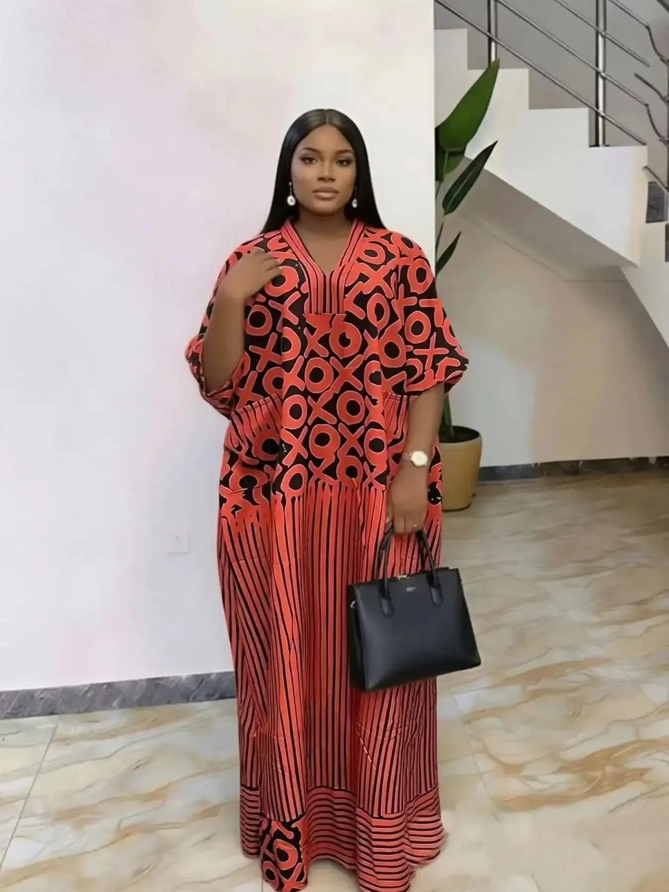 Plus-Size African-Style Orange Geometric Print Boubou Ethnic Kaftan Dress with Short Sleeves and V-Neck, Loose Fit for Everyday Party Gathering Vacation Casual Wear, with Scarf and Pockets, curve friendly, inclusive fit