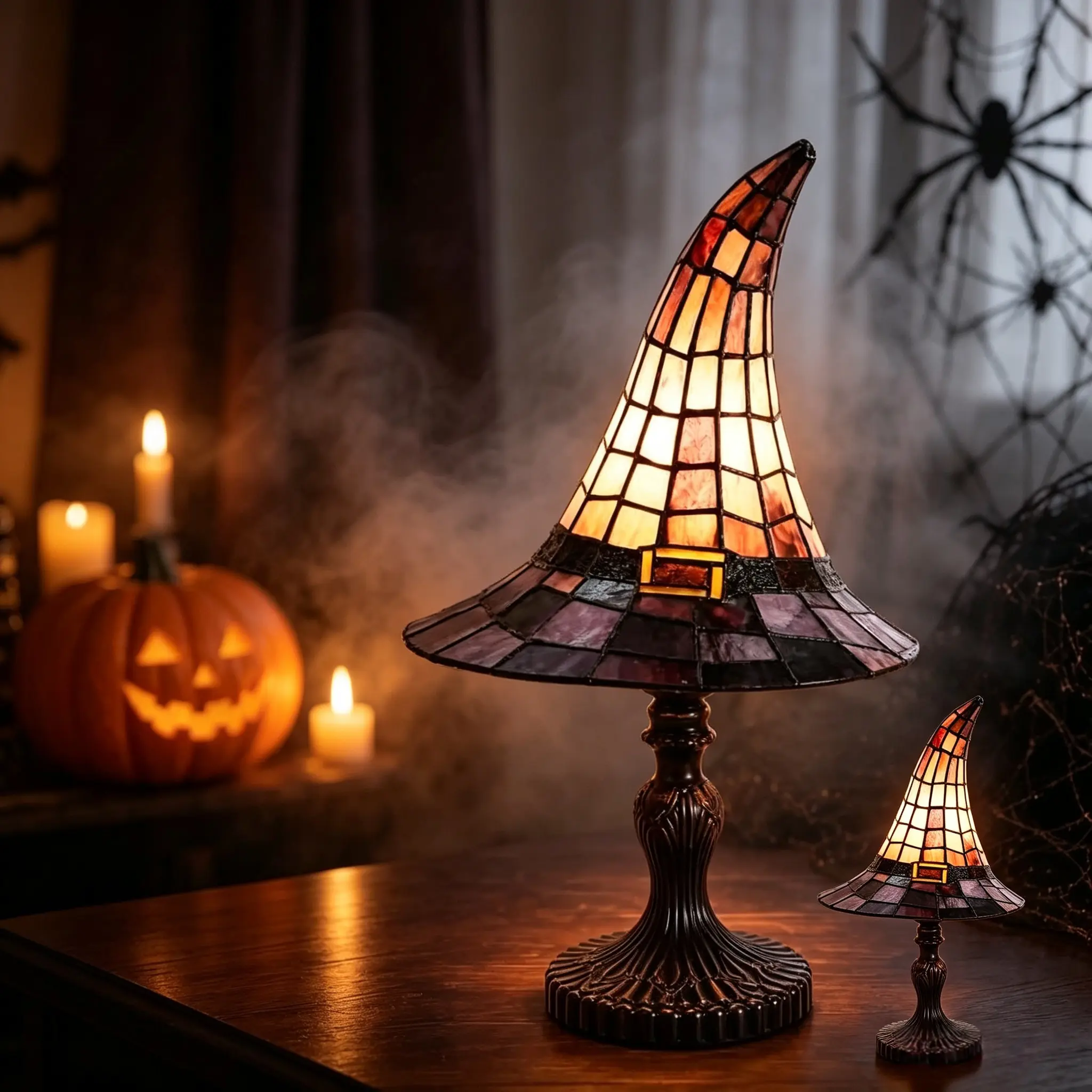 Stained Glass Witch Hat Table Lamp, Large & Mini Size Halloween Tiffany Style Decor Light, Spooky Desk Night Light for Home Party Bedroom Ornament