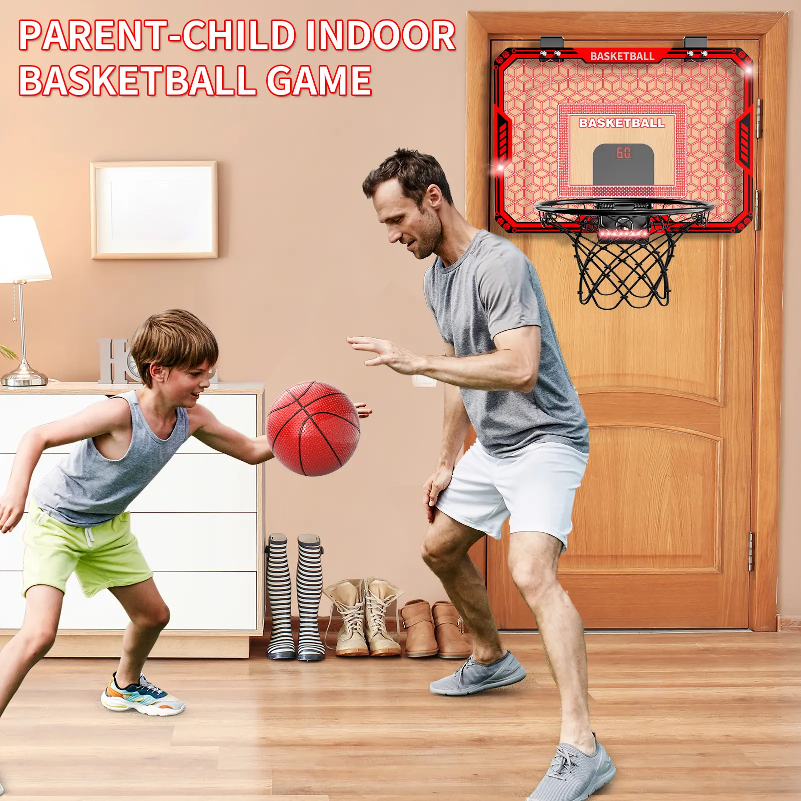 Wall-Mounted Doorframe Mini Basketball Hoop Set - Foldable, Portable Indoor-Outdoor Sports Toy with Electronic Scorer, 4 Basketballs, Nitrosamine-Free, BPA-Free, Science Learning for Children Development, Durable Christmas Gift for 6-8 Year Olds