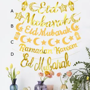 2sets Eid Mubarak Ramadan kareem Banner Pull The Flag Eid Ramadan Decor For Home Ramadan Party Decor Supplies Party Decorations Banners Decorative Banner