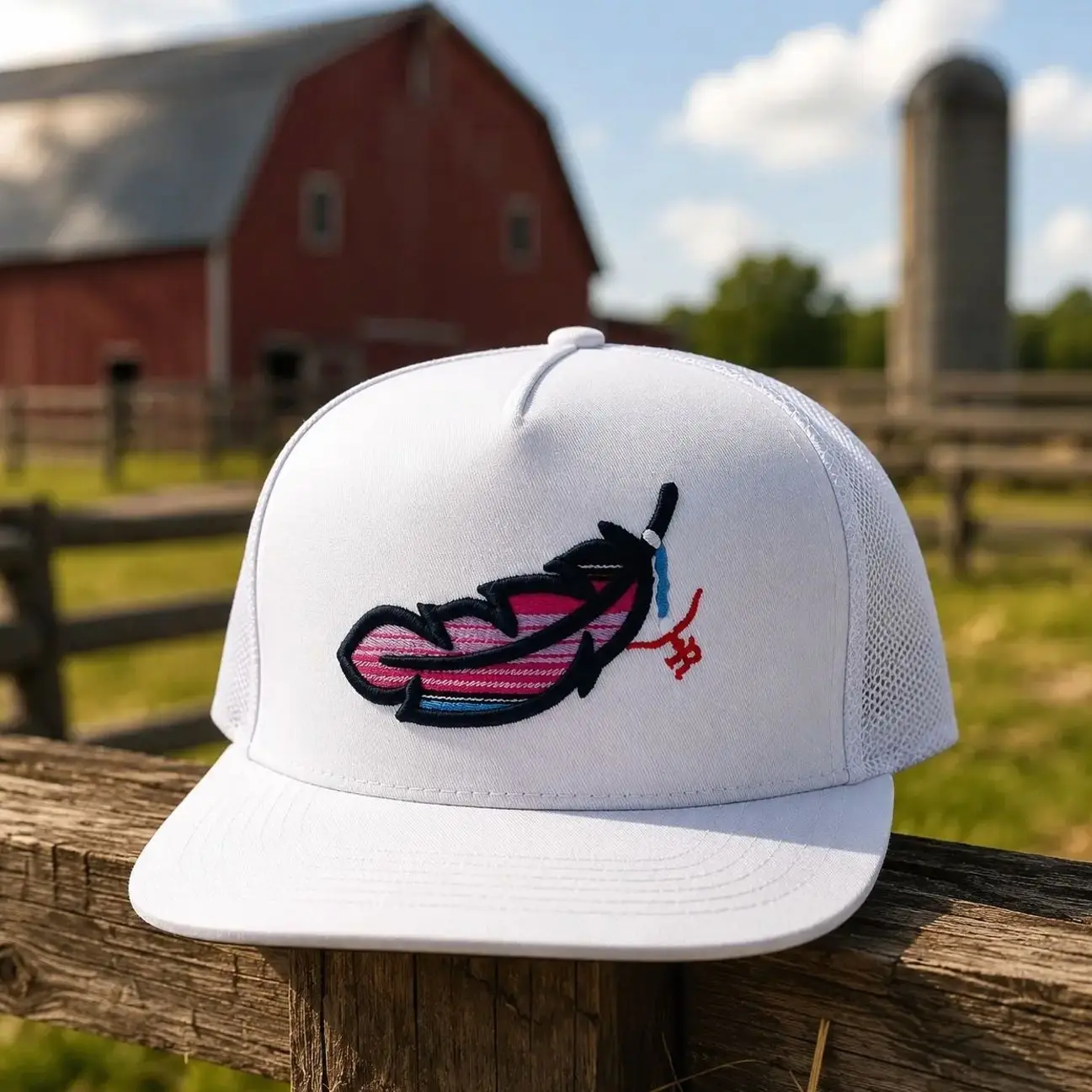 Pink Feather Embroidered White Trucker Hat  Adjustable Mesh Snapback Baseball Cap for Men & Women  Western Farm Outdoor Style