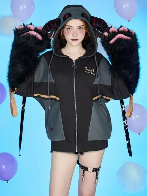 Micotaku Demon Sheep Hoodie Black Plush Paw Hoodie Daily Wear Casual Comfort for Everyday Wear