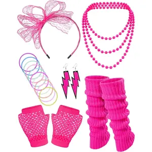 80S Fancy Dress Costume Accessories Headband Errings Fishnet Gloves Necklace Bracelt Leg Warmers Party Outfit Set